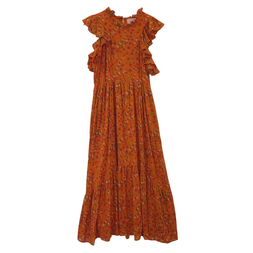 Banjanan Orange Medium Floral Boho Ruffle Tiered Pockets Sleeveless Maxi Dress